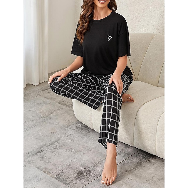  Women's Pajamas Sets Heart Grid / Plaid Fashion Comfort Home Daily Bed Polyester Breathable Crew Neck Short Sleeve T shirt Tee Pant Elastic Waist Summer Spring Black Red