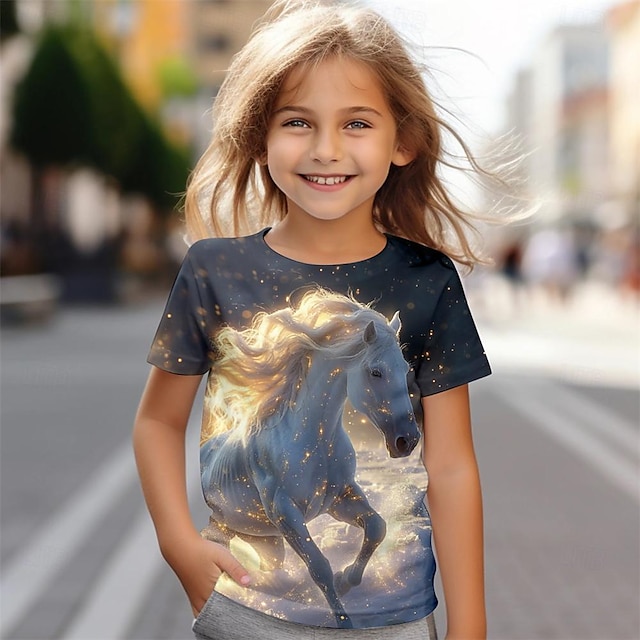  Voor meisjes 3D Paard T-shirt Overhemden Korte mouw 3D-afdrukken Zomer Actief Modieus leuke Style Polyester Kinderen 3-12 jaar Strakke ronde hals Buiten Casual Dagelijks Normale pasvorm