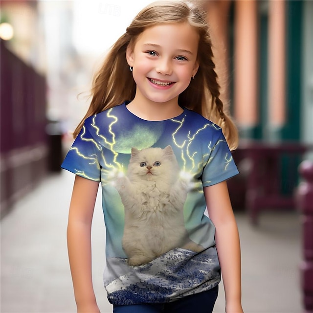  Dívčí 3D Kočka Košilky Košile Krátký rukáv 3D tisk Léto Aktivní Módní Roztomilý Polyester Děti 3-12 let Tričkový Venkovní Ležérní Denní Běžný