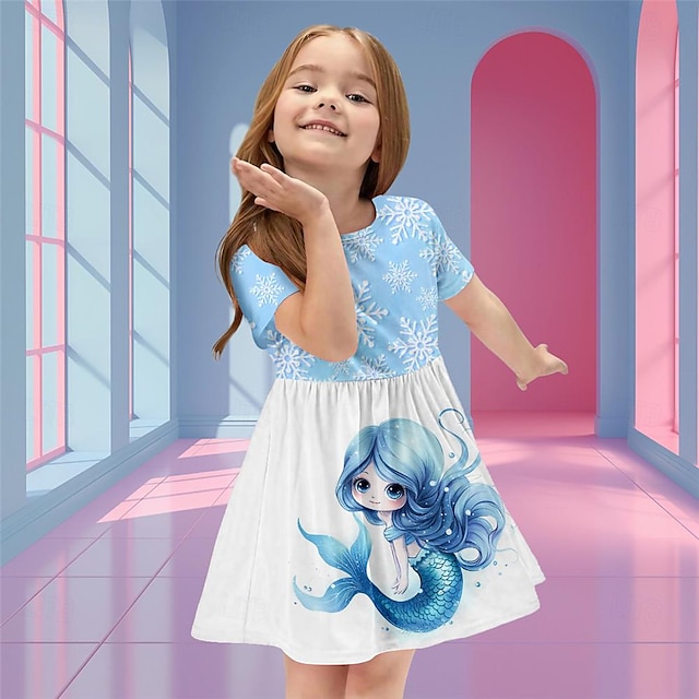  3D платье русалки для девочек с короткими рукавами и 3D принтом, летнее, повседневное, праздничное, повседневное, красивое, для детей 3-12 лет, повседневное платье, платье фигуристки выше колена,