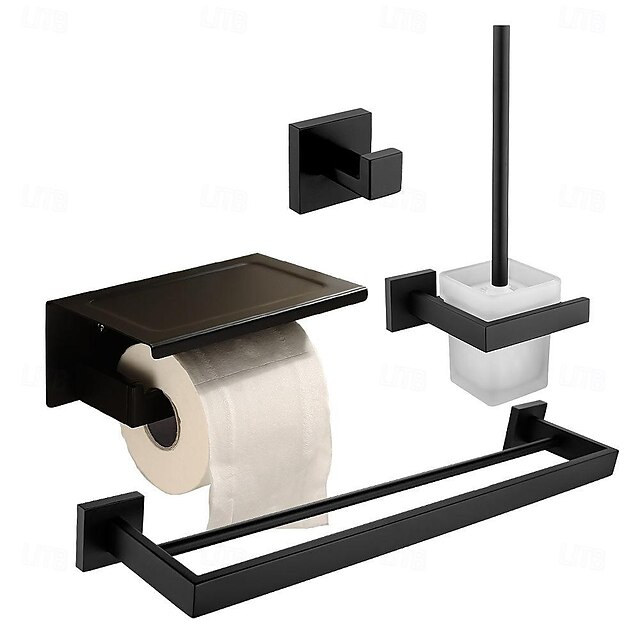  壁掛けバスルームシェルフとタオルラックセット - トイレ用スペースアルミニウムオーガナイザー - バスタオル用の黒いタオルホルダー、ドリルは必要ありません。