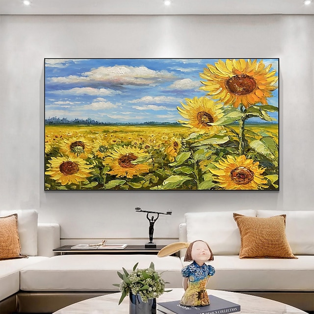  Handgefertigtes Original-Sonnenblumen-Ölgemälde auf Leinwand, minimalistische Kunst, Kunstgemälde, Landschaft für Heimdekoration, mit gespanntem Rahmen/ohne Innenrahmen