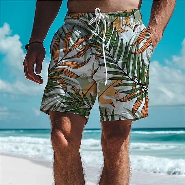  Leaf Tropical Men's Resort 3D Printed Board Shorts Swim Trunks Elastic Drawstring with Built-in Mesh Lining Comfort Breathable Classic Stretch Short Aloha Hawaiian Style Holiday Beach S TO 3XL