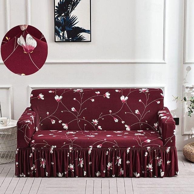  sofatrekk med blomstertrykk stretch-trekk med skjørt, mykt slitesterkt sofatrekk 1 stykke spandex-stoff vaskbart møbelbeskytter passer til lenestolsete/lovesat/sofa/xl sofa/l-form sofa