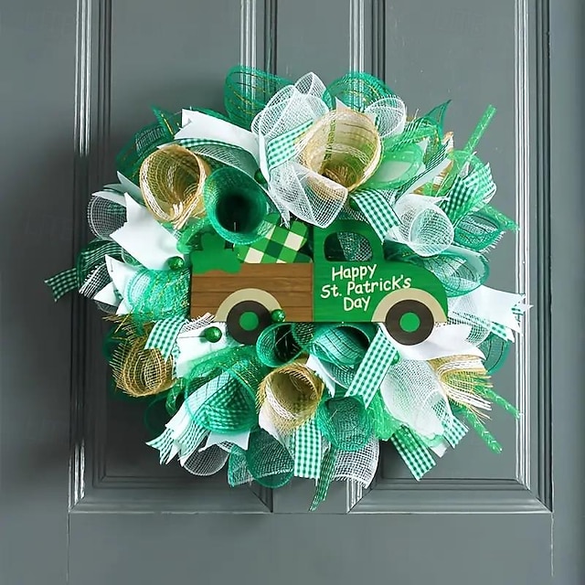  1pc Irish Day Wreath Patrick's Decoration Wreath St Patrick's Day Bow Wreath Green Shamrock Wreath Hanging Sign Wreath Pendant Party Wreath Lattice Door Bow Tie Ribbon