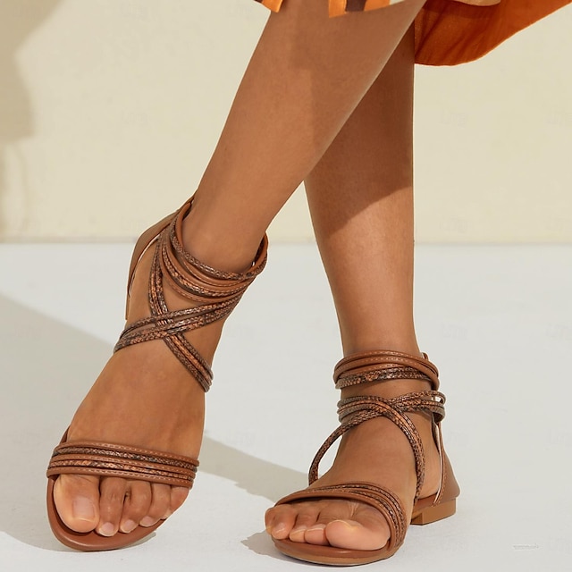  Women's Sandals Gladiator Sandals Roman Sandals Flat Heel Open Toe Casual PU Zipper Black White Pink