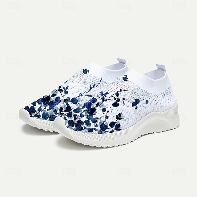  Pentru femei Adidași Slip-On-uri Pantofi de imprimare Sandale de cristal Mărime Plus Size Petrecere În aer liber Zilnic Floral Piatră Semiprețioasă Toc Drept Vacanță Modă Sportiv Tăiați volantul