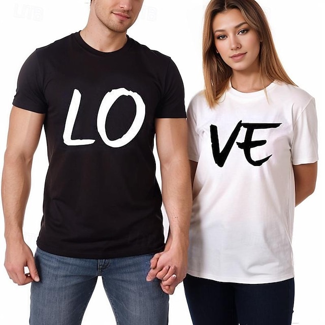  Paar T-Shirt Liebe 2St Paar Herren Damen T Shirt Rundhalsausschnitt Schwarz / Weiß Valentinstag Täglich Kurzarm Bedruckt Modisch Brautkleider schlicht