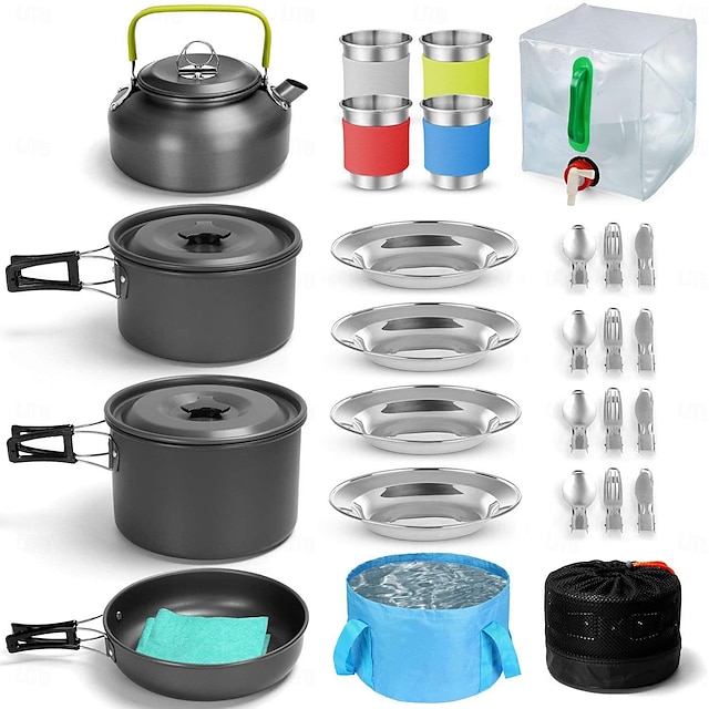  Camping Cookware Kit with Folding Camping Stove Suit 2 People, Non-Stick Pot Pan Kettle Set with Stainless Steel Cups Plates Forks Knives Spoons for Outdoor Cooking and Picnic