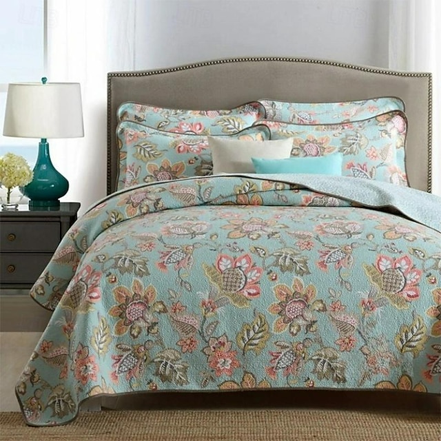  100% Cotton Floral Printed Quilt Set,King Queen Size Bedspread Coverlet Set  for All Season, Lightweight Oversized  Bedding Set