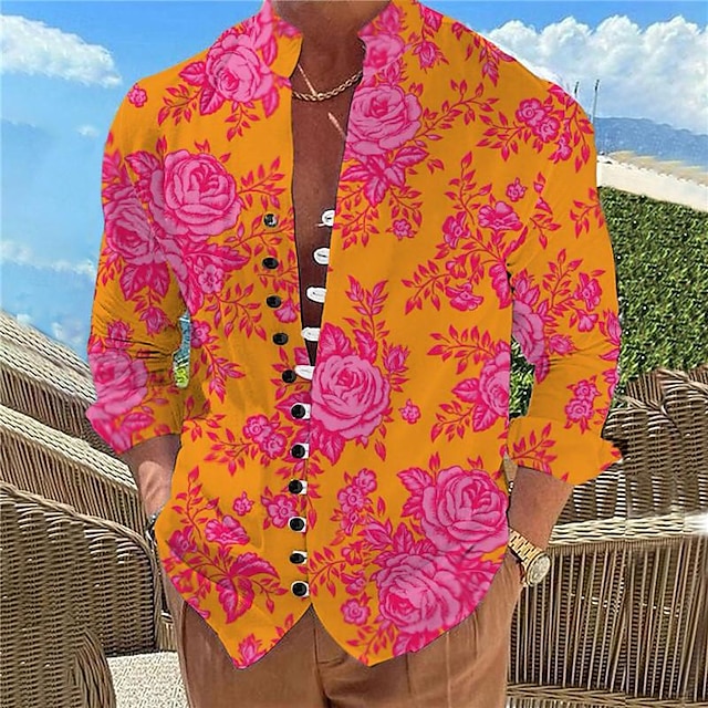  Rose Floral Hawaïen Station balnéaire Homme Chemises imprimées Vacances Usage quotidien Printemps été Col Mao manche longue Rose Claire, Bleu, Orange S, M, L Polyester Chemise
