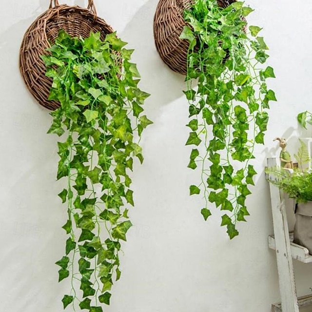  2 Stück künstliche Rattan-Grünpflanzenblätter, Chlorophytum Comosum, Dekoration, Wandbehang mit grünem Apfel
