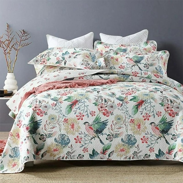  Conjunto de colcha com padrão de pássaro floral 100% algodão, conjunto de colcha king queen size para todas as estações, conjunto de cama leve e grande