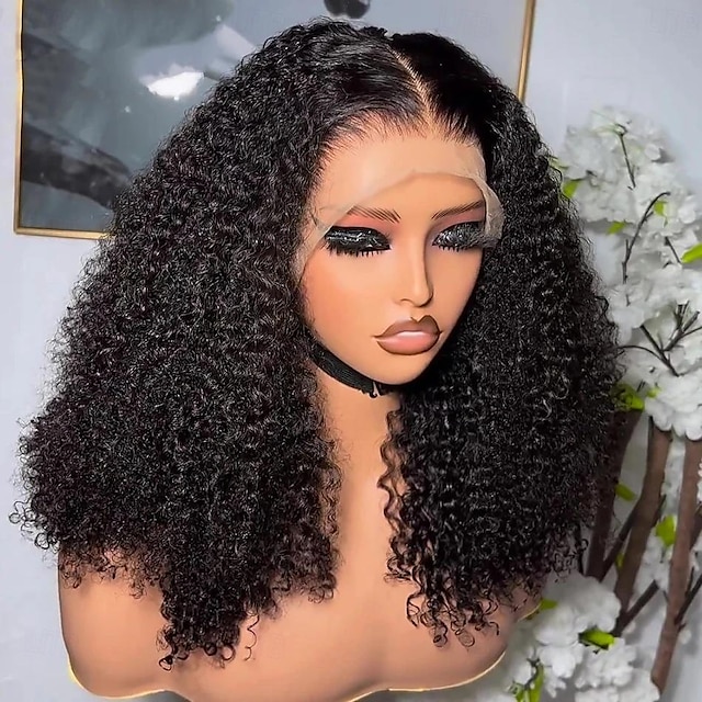  parrucca anteriore del merletto dei capelli umani remy 13x4 parte libera capelli brasiliani parrucca nera riccia crespa 150% densità del 180% con i capelli del bambino pre-pizzicati per parrucche per