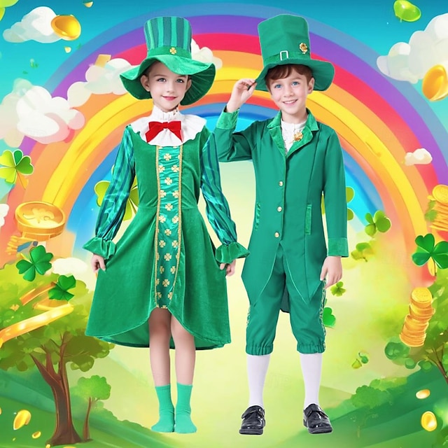  Shamrock Irish Cosplay Costume Outfits Kid's Boys Girls' Cosplay Party Masquerade Carnival Masquerade Saint Patrick's Day Easy Halloween Costumes