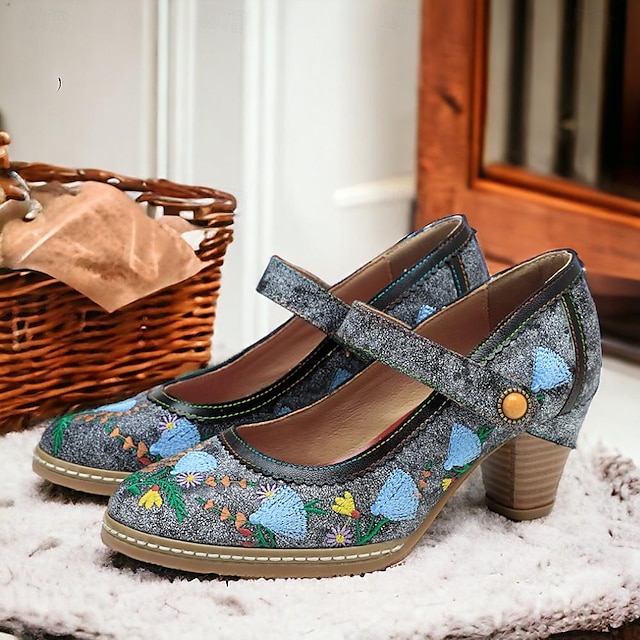  Γυναικεία Τακούνια Γόβες Μέρι Τζέιν Χειροποίητα Παπούτσια Vintage παπούτσια Πάρτι Καθημερινά Φλοράλ Τακούνι Κώνος Στρογγυλή Μύτη Κομψό Βίντατζ Δέρμα Πόρπη Ανοικτό Γκρίζο