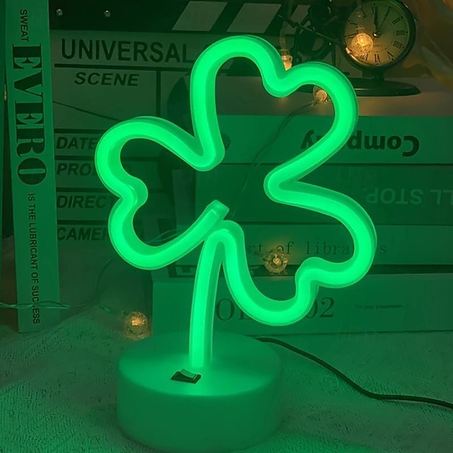  1 lámpara de neón con luz de trébol, forma de trébol LED con base USB, decoración verde LED alimentada por batería, para habitación, oficina, st. decoración de la fiesta del día de patricio (verde)
