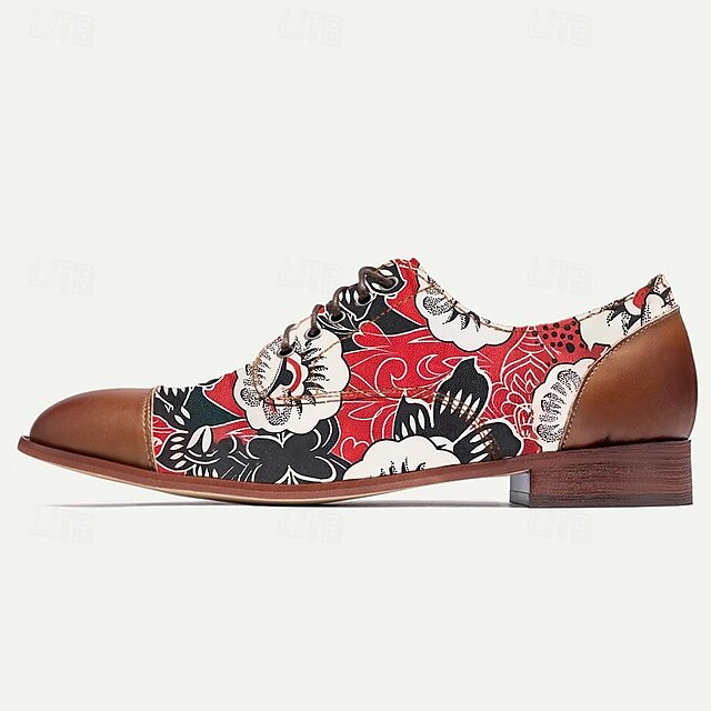  Chaussures habillées pour hommes marron rouge imprimé floral cuir brogue italien peau de vache pleine fleur antidérapant à lacets