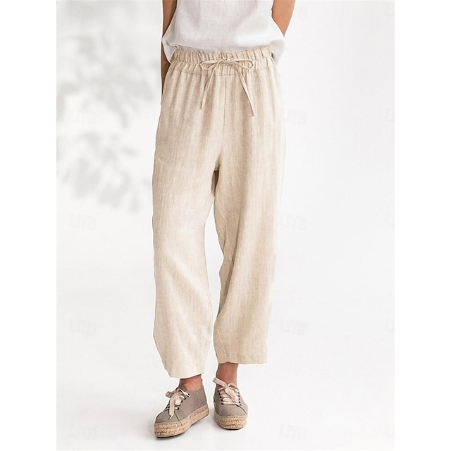  Bas Plein Air du quotidien Femme Coton et lin Respirable Mode basique Confort Pantalon long Poche Taille elastique Eté Couleur monochrome