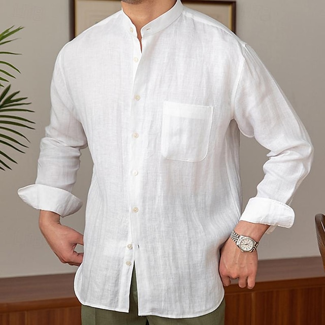  Men's Shirt Linen Shirt Cotton Linen Shirt Summer Shirt Beach Shirt White Brown Long Sleeve Plain Standing Collar Spring &  Fall Hawaiian Holiday Clothing Apparel Button-Down