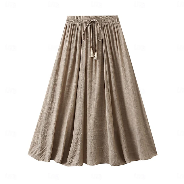 Women's Skirt Linen Skirts Fashion Casual Midi High Waist Skirts Solid Colored Drawstring Casual Daily Weekend Black Pink Blue Khaki Summer Cotton And Linen 35