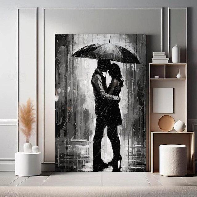  ζωγραφισμένη στο χέρι ρομαντική τέχνη ζευγαριού μινιμαλιστική τέχνη τοίχων ζευγάρι στη βροχή, βροχερή μέρα, χειροποίητη ελαιογραφία για ζευγάρια δώρο διακόσμηση σπιτιού τεντωμένο πλαίσιο έτοιμο να