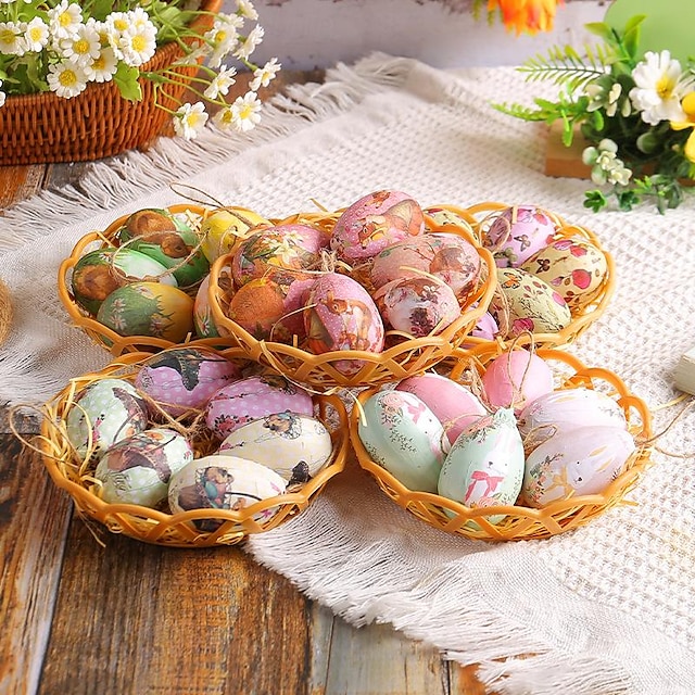  6ks/set velikonoční závěsné dekorace kreativní tkaný košík s barevnými vejci, ideální pro velikonoční dekorace a aranžérské scény