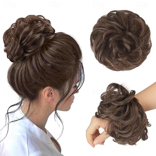  Messy Bun Hair Piece Brown and Light Auburn Mixed Wavy Curly Large Hair Bun Scrunchies Extensions Synthetic Tousled Updo Hairpieces for Women Girls