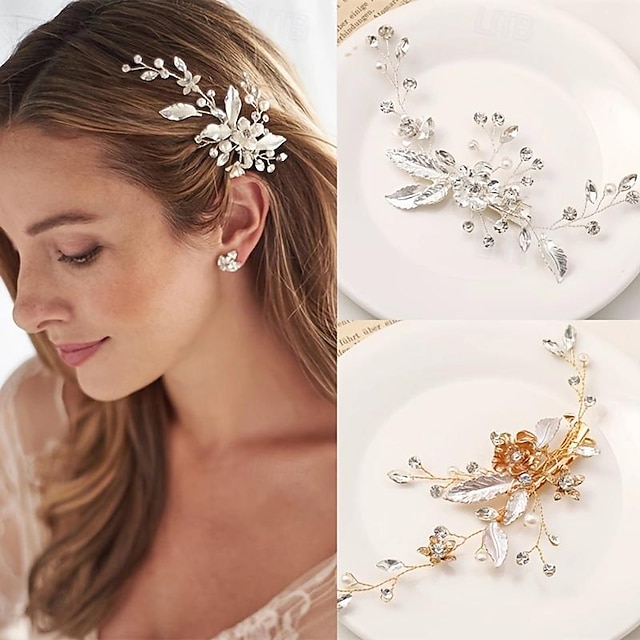  Golden Silvery Flower Leaf Crystal Hairpin Hair Clip Tiara Bridal Wedding Hair Accessories Headpiece Jewelry Ornaments