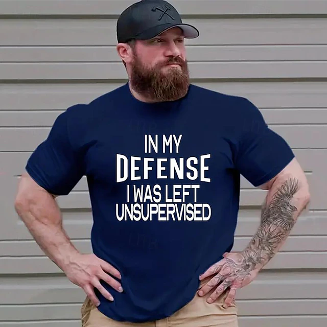 Men's Funny Graphic T-Shirt with 'In My Defense I Was Left Unsupervised' Sarcastic Print Short Sleeve 7