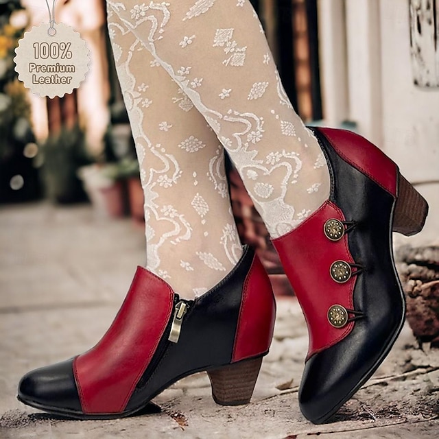  Dames Hoge hakken Pompen Oxfords Bullock Shoes Handgemaakte schoenen Vintage schoenen Feest Valentijnsdag Dagelijks Gesp Kegelhak Fantasie hiel Ronde Teen Elegant Vintage Leer Rits Zwart Rood Blauw