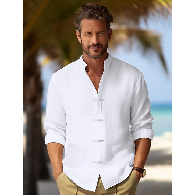  100% In Buzunar Bărbați cămașă de in Cămașă Cămașă de plajă Negru Alb Albastru Închis Manșon Lung Simplu Guler de stand Primăvara & toamnă În aer liber Zilnic Îmbrăcăminte