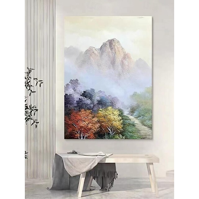  Gran pintura al óleo original de montaña sobre lienzo, pintura abstracta de paisaje de árbol, arte de pared para sala de estar, pintura moderna texturizada sin marco
