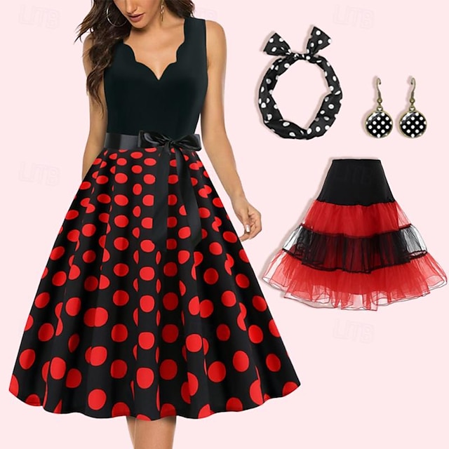  Retro Vintage Anos 50 Rockabilly Anágua Vestido de uma linha Tutu Vestido Flare Vestido de festa de Natal Mulheres Poá Festa / Noite Mascarilha Vestido