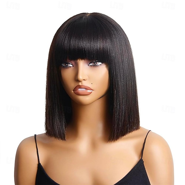  Short Bob Wigs For Black Women Natural Black Brazilian Straight Human hair Wigs With Bangs Full Machine Made  Fringe Wig
