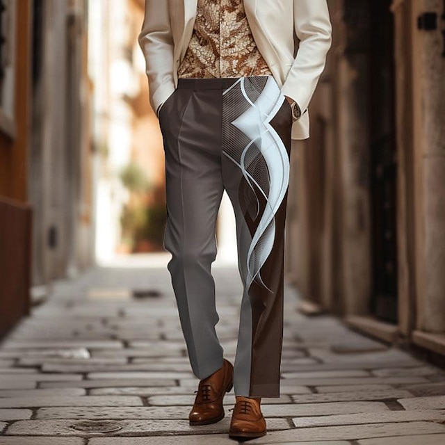  Geometría Negocios Clásicos Pantalones de vestir casuales con estampado 3D para hombres Frente plano Pierna recta Pantalones de cintura media de poliéster de ajuste relajado Ropa de calle al aire