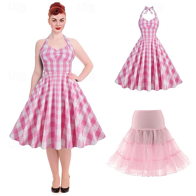  Vestido halter swing dos anos 50, vestido rosa xadrez xadrez, linha a, algodão, anágua, tutu sob a saia, anos 1950, 1960, rockbility, vestido retrô vintage, roupas femininas, 2 peças, primavera,