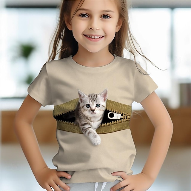  Pige 3D Kat T-shirt Skjorter Pink Kortærmet 3D-udskrivning Sommer Aktiv Mode Sød Stil Børn 3-12 år Rund hals udendørs Afslappet Daglig Regulær