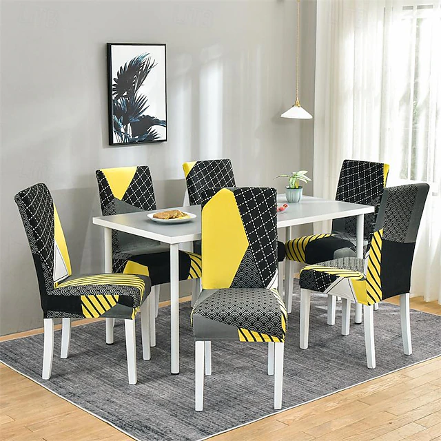 Stretch Spandex Dining Chair Cover 4/6 Pcs Set, Geometric Printed Stretch High Back Dining Chair Cover Seat Slipcover with Elastic Band for Dining Room,Wedding, Ceremony, Banquet,Home Decor 19