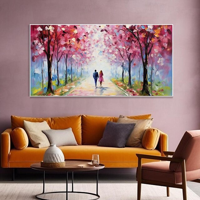  Romance de primavera, lienzo de pareja pintado a mano, paisaje de árboles rosados hecho a mano, hecho a partir de imagen de pintura, bellas artes para decoración del hogar, sin marco