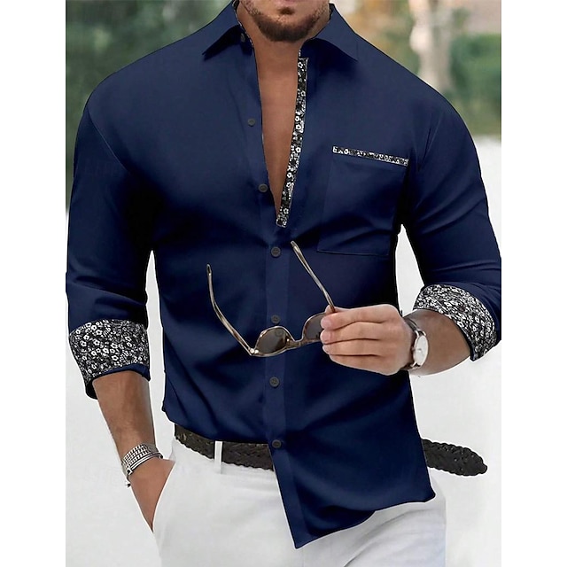  Voor heren Overhemd Overhemd met knopen Normaal shirt Zwart Wit Marineblauw Lange mouw Bloemig Kleurenblok Revers Dagelijks Vakantie Lapwerk Kleding Modieus Casual Smart Casual