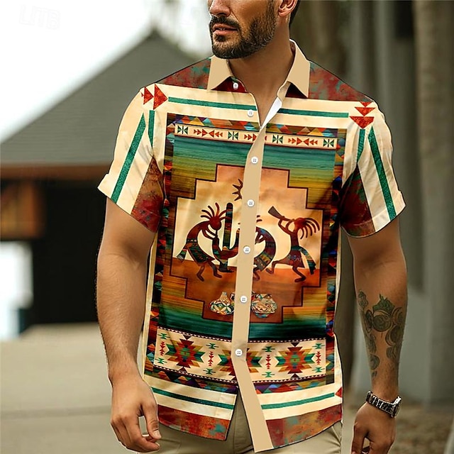  kokopelli heimo etninen vintage miesten lomakeskus havaijilainen 3d painettu paita nappi ylös lyhythihainen kesä rantapaita loma päivittäinen kuluminen s to 3xl