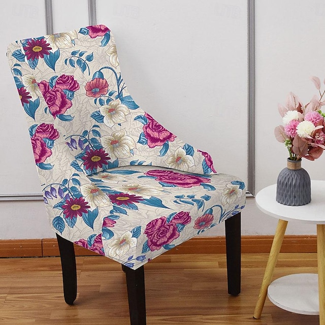  Housse de chaise à oreilles extensible, imprimé floral, housse de protection de fauteuil réutilisable pour salle à manger, banquet, décoration d'intérieur, tissu spandex, lavable en machine, lavable