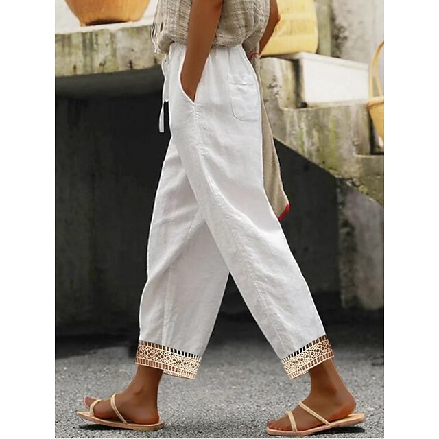 Women's Pants Trousers Linen Cotton Blend Lace Side Pockets Plain Ankle-Length White Spring, Fall, Winter, Summer4
