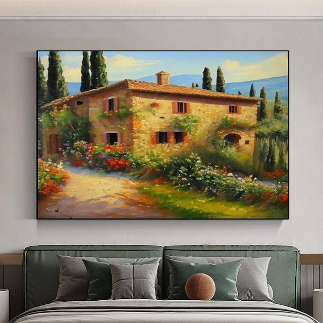  Casa de campo toscana hecha a mano, pintura al óleo, paisaje italiano, arte de jardín pintado a mano, arte de pared de granja italiana, colinas verdes para pared, sin marco
