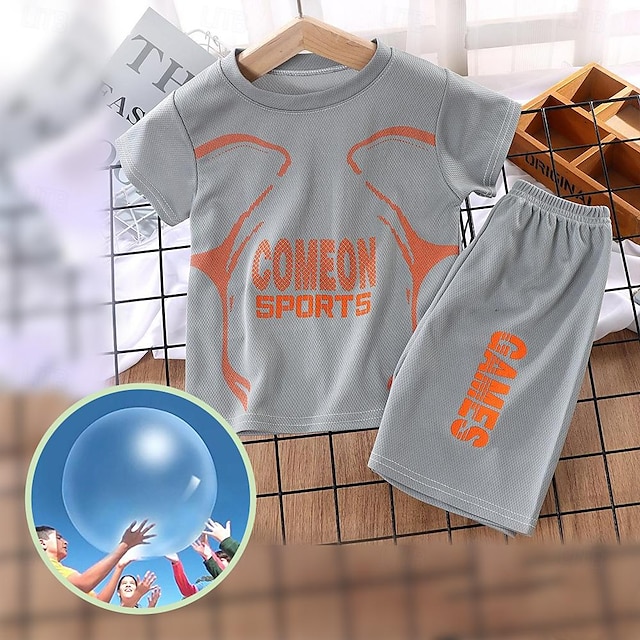  2 Pieces Kids Boys T-shirt & Shorts Outfit Letter Short Sleeve Crewneck Set Casual Fashion Daily Summer Spring 7-13 Years With 1PC Water Bubble Ball