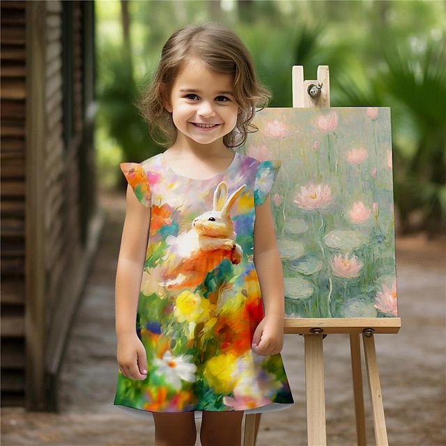  Девушки ' 3D Цветочный принт Кролик Платье с рюшами Без рукавов 3D печать Лето Повседневные Праздники На каждый день Красивый Дети 3-12 лет Повседневное платье Платье-майка Выше колена Полиэстер