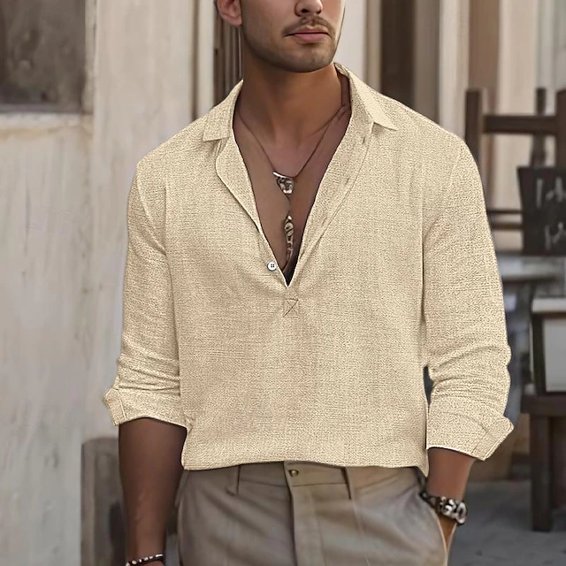 Men's Shirt Linen Shirt Summer Shirt Beach Wear Casual Shirt Button Up Shirt Plain Casual Daily Black White Blue Green Long Sleeve Lapel Spring & Summer Clothing Apparel 7
