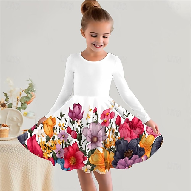  Girls' 3D Floral Dress Pink Long Sleeve 3D Print Spring Fall Sports & Outdoor Daily Holiday Cute Casual Beautiful Kids 3-12 Years Casual Dress A Line Dress Above Knee Polyester Regular Fit