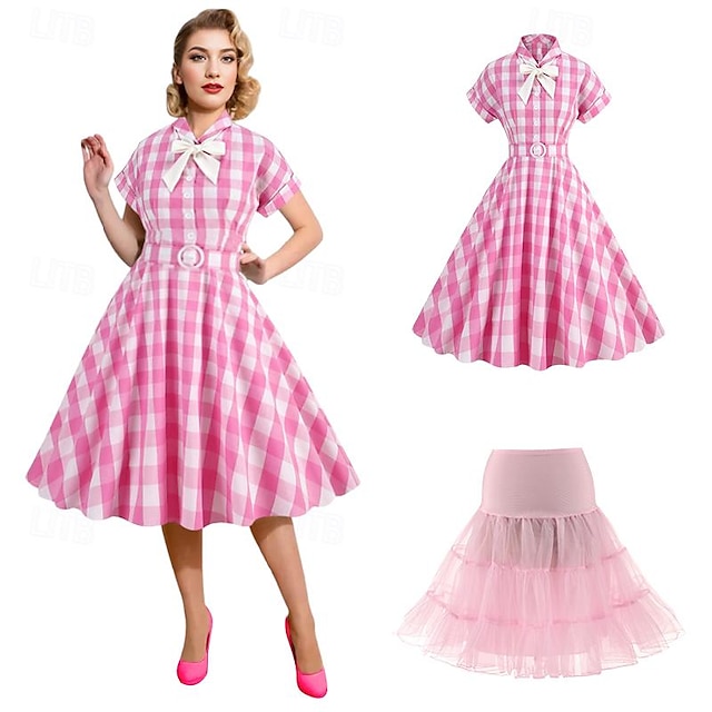  swingové šaty z 50. let růžové ginghamové kárované bavlněné šaty s kravatou spodnička tutu pod sukni 50. léta 60. léta rockbility retro vintage šaty dámské 2 ks outfity jaro léto denní nošení čajový